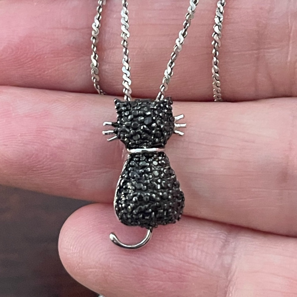 Black Diamond Solid Sterling Silver Cat Pendant &… - image 1